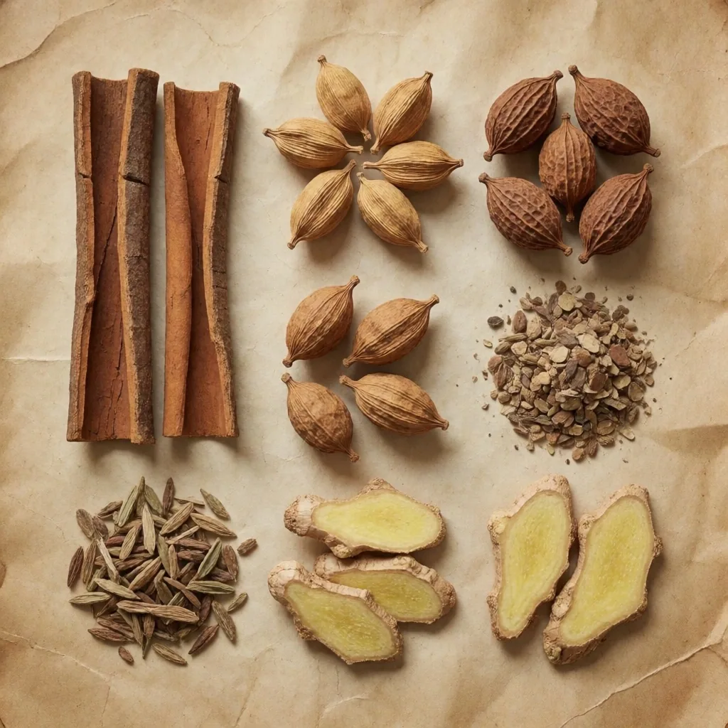 Dried Indonesian herbs arranged on parchment