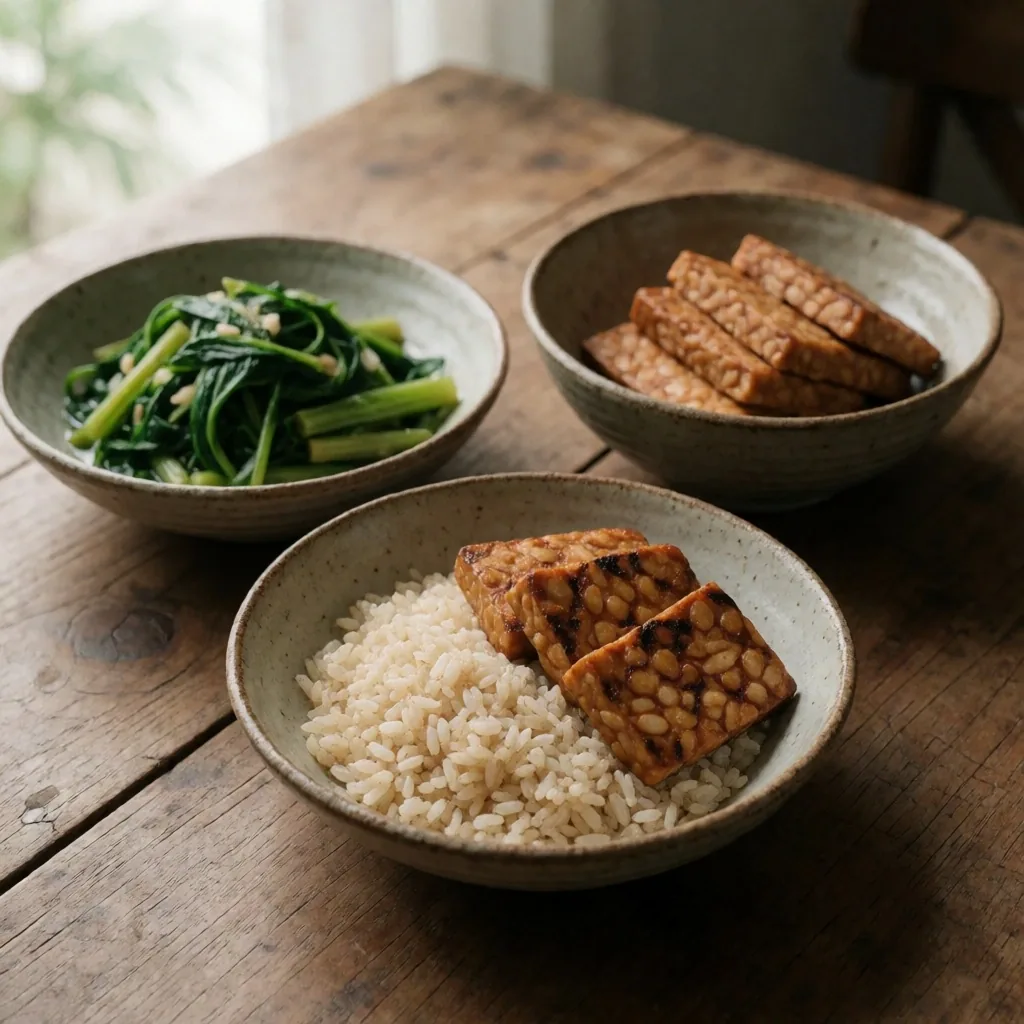 Simple meal prep with rice, tempeh, and local greens