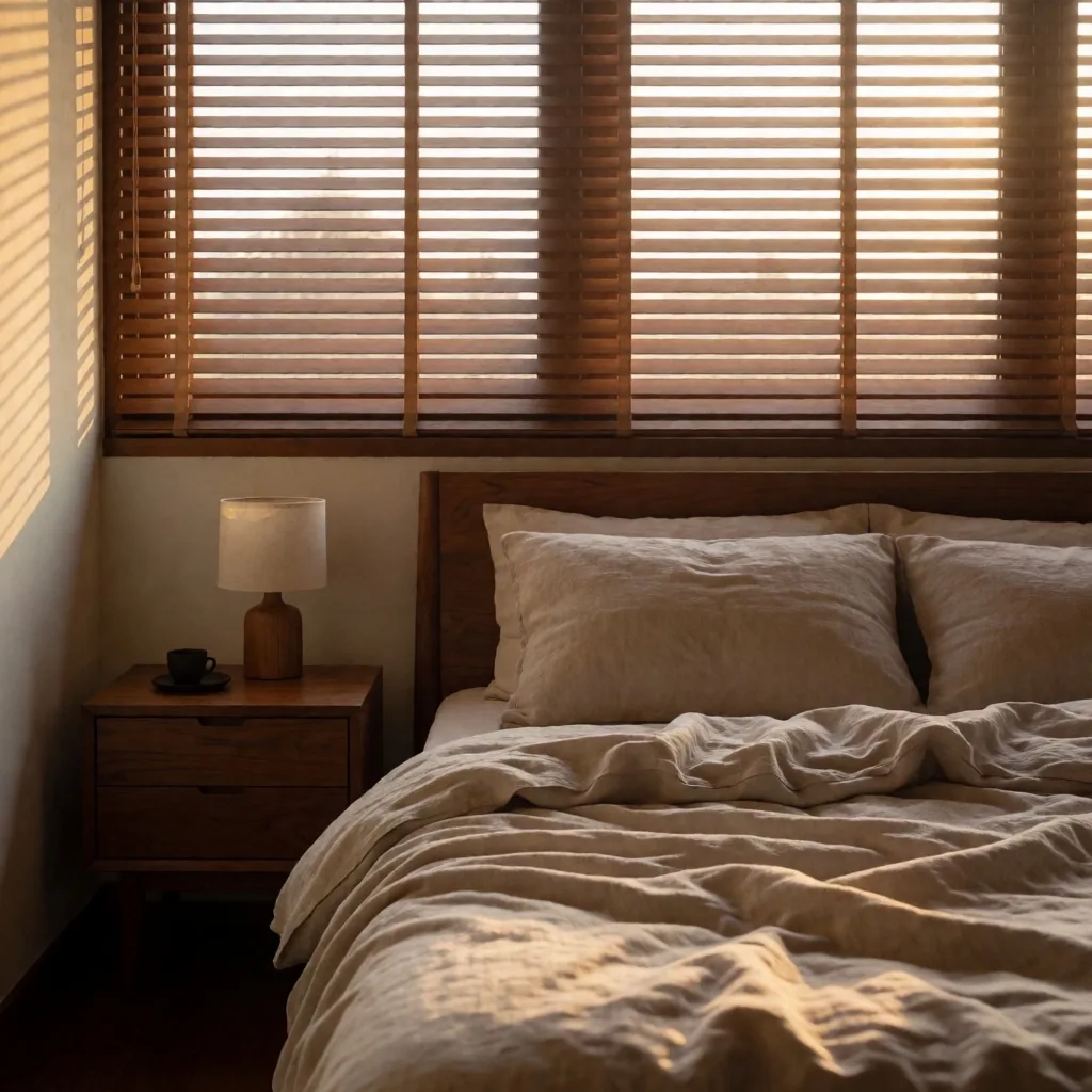 Sleep-friendly bedroom environment in warm morning light