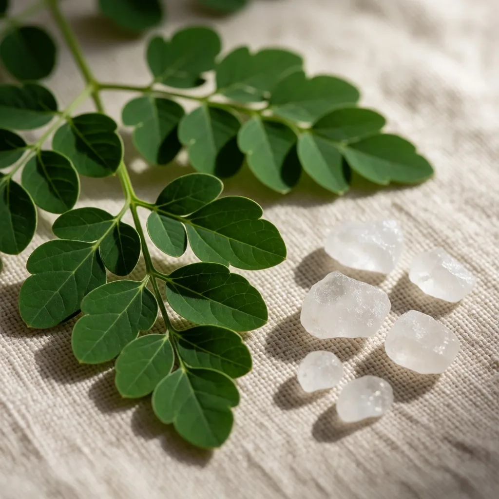 Botanical leaves and mineral crystals on linen