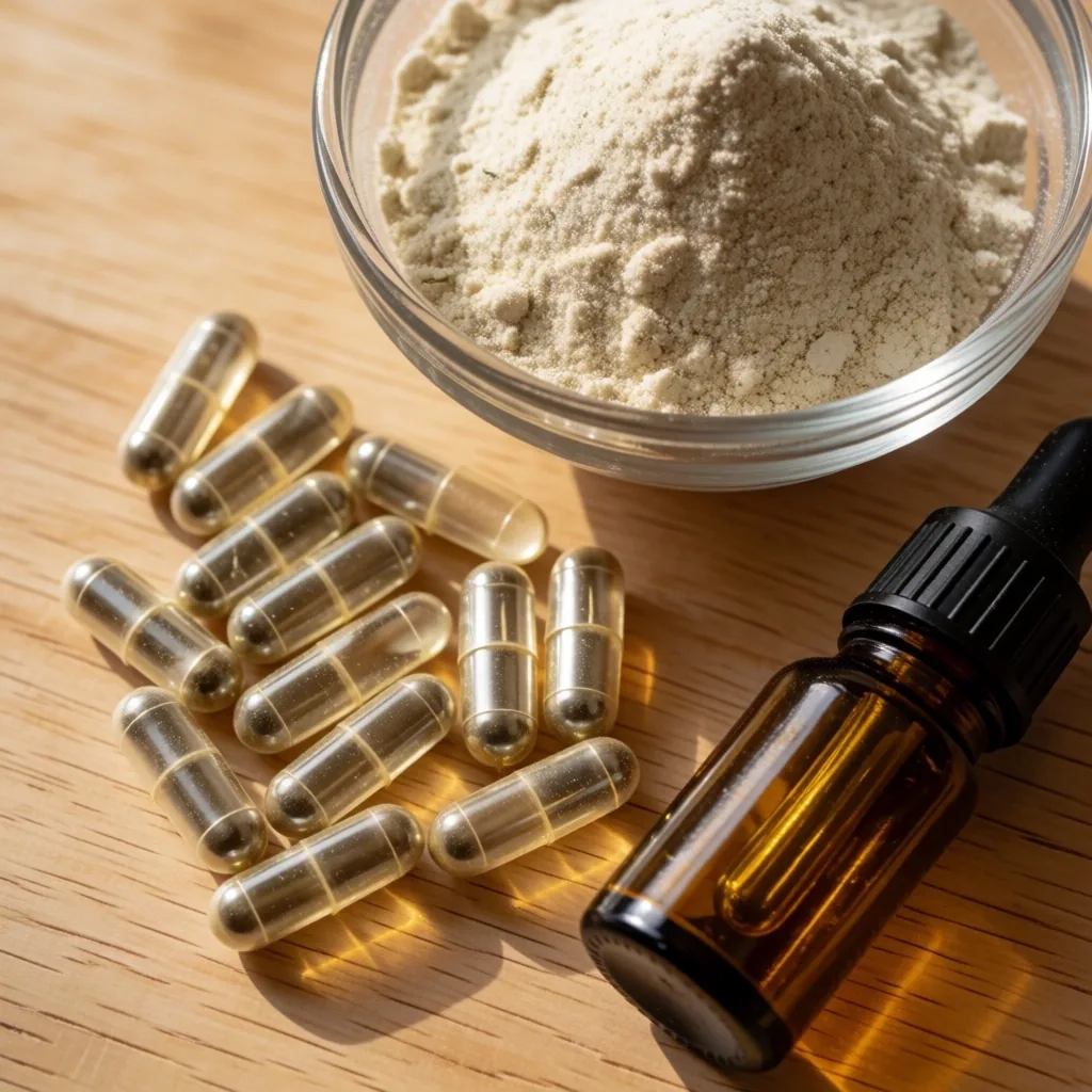 Capsule, powder, and liquid supplement formats on a wood surface