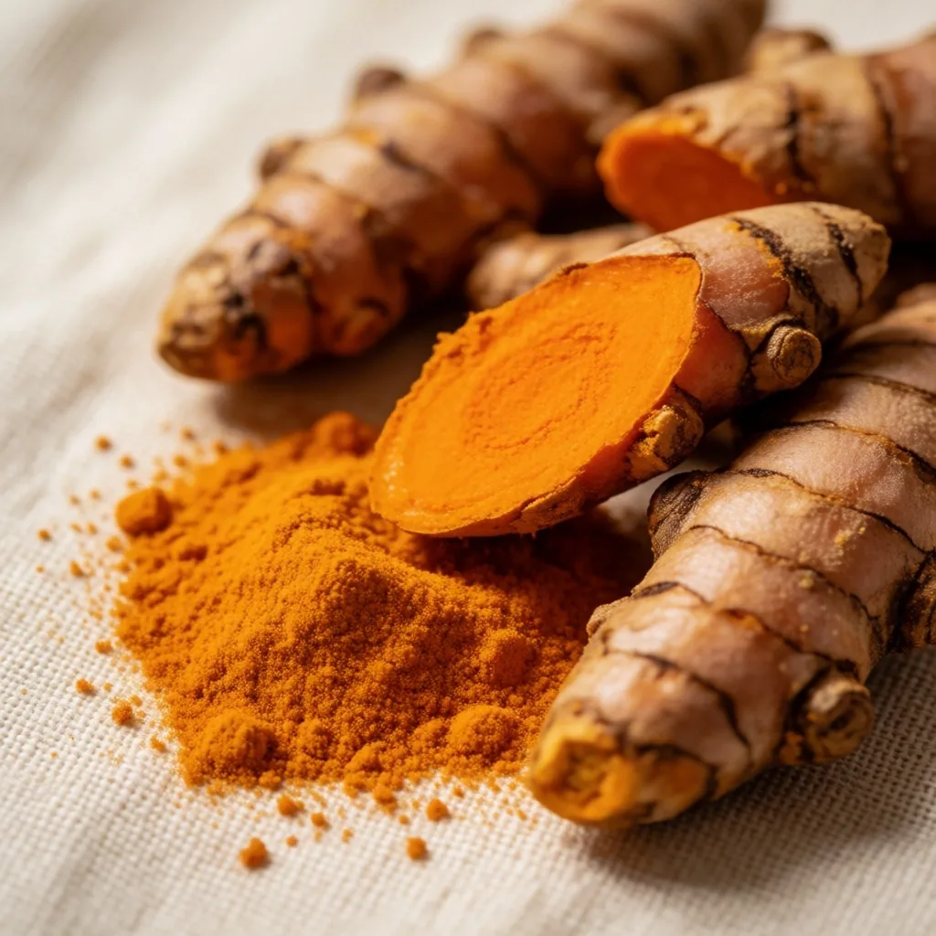 Dried turmeric root and powder arranged on linen