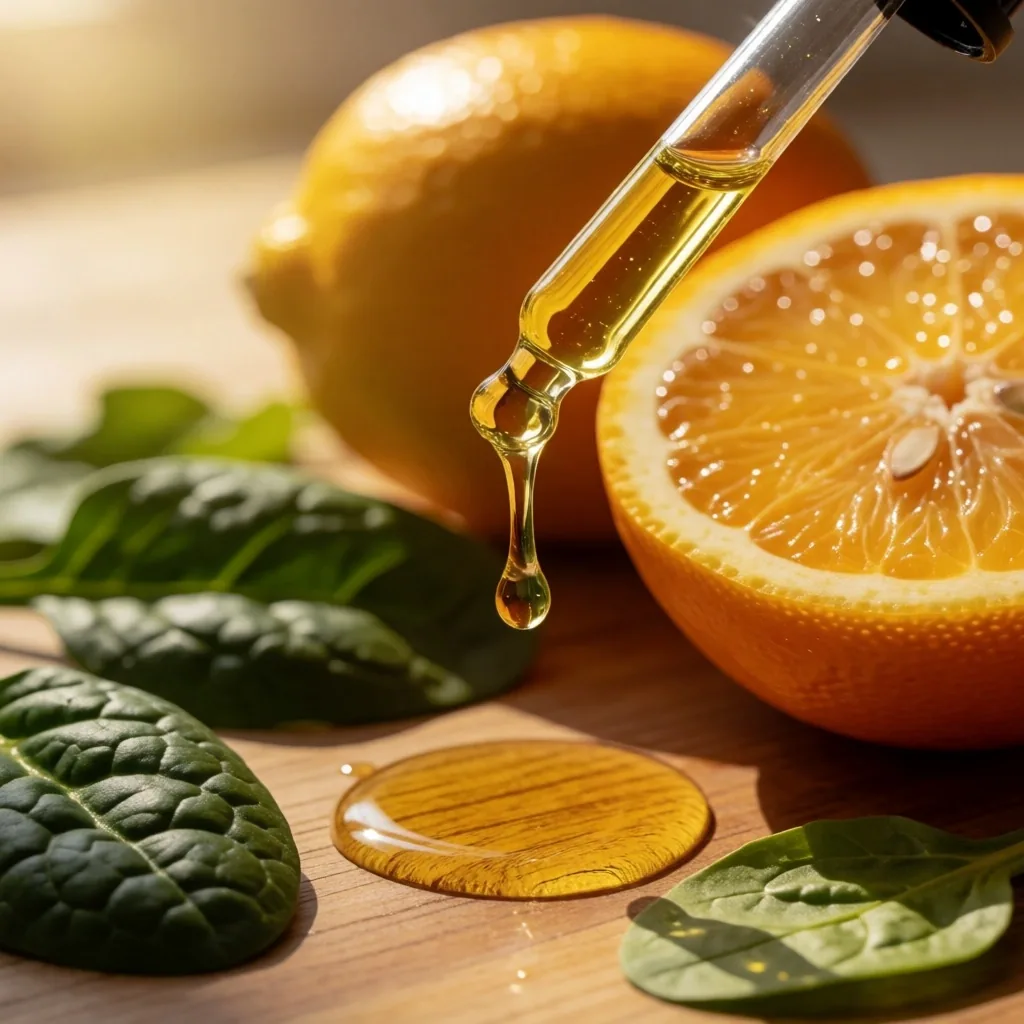 Vitamin D oil drops beside citrus fruits in warm sunlight