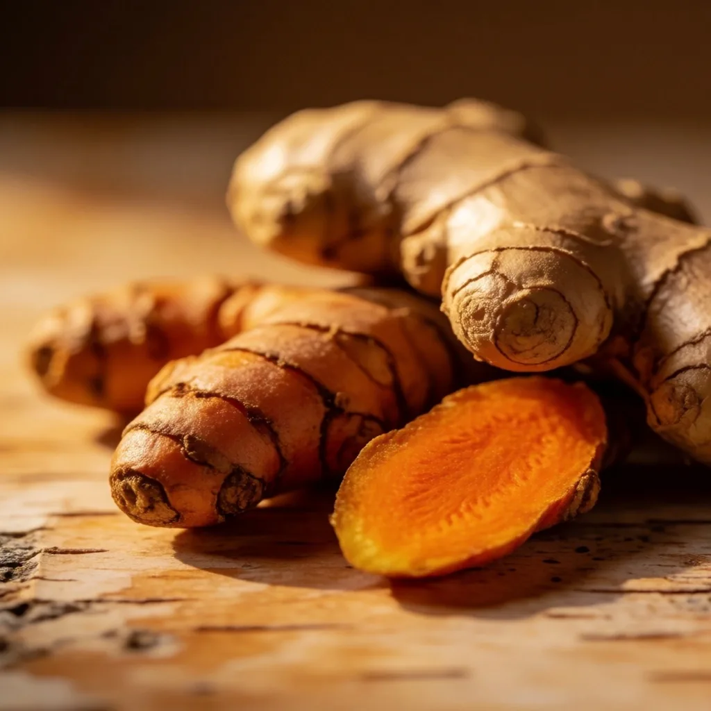 Fresh turmeric and ginger roots on birch wood